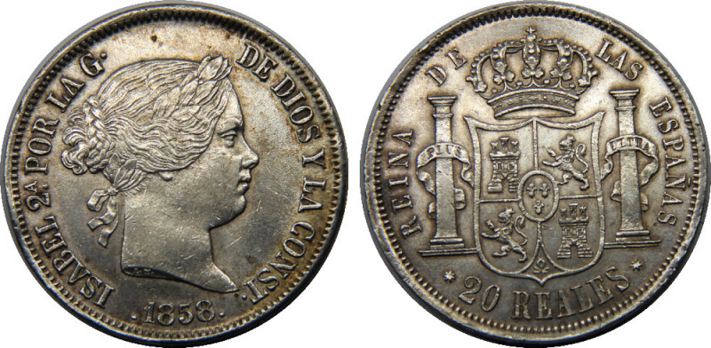 SPAIN 1858 Isabel II,Kingdom,Seville mint 20 REALES SILVER AU26g 
KM#609.3