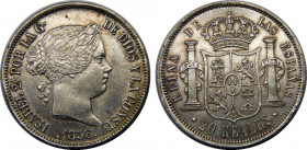 SPAIN 1858 Isabel II,Kingdom,Seville mint 20 REALES SILVER AU26g 
KM#609.3