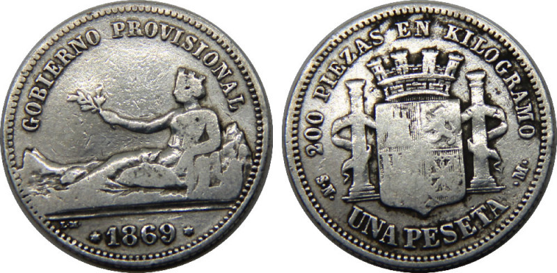 SPAIN 1869 SNM Provisional Government,Madrid mint 1 PESETA SILVER VF4.8g 
KM# 6...