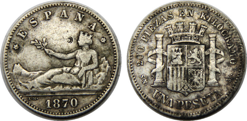 SPAIN 1870 SNM Provisional Government,Madrid mint 1 PESETA SILVER VF4.9g 
KM# 6...