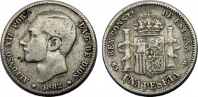 SPAIN 1882 MSM Alfonso XII,Kingdom,2nd portrait,Madrid mint 1 PESETA SILVER VF4.8g 
KM# 686
