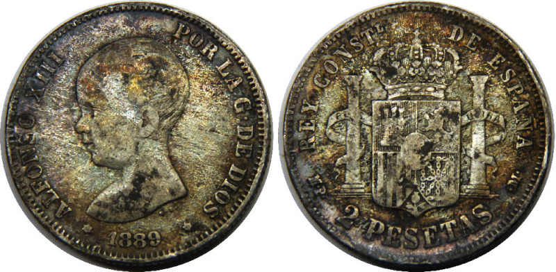 SPAIN 1889 MPM Alfonso XIII,Kingdom,1st portrait,Madrid mint 2 PESETAS SILVER VF...