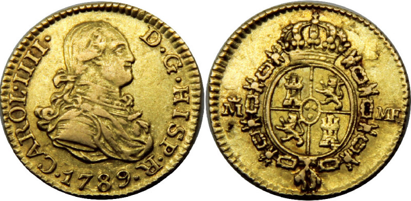 SPAIN 1789 M F Carlos IV,Kingdom,Madrid mint, Rare 1/2 ESCUDO GOLD XF1.7g 
KM# ...