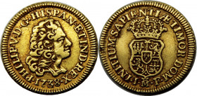 SPAIN 1738 M JF Felipe V,Kingdom,Madrid mint,Rare(Mintage 7820) 1 ESCUDO GOLD XF3.3g 
KM# 342
