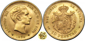 SPAIN 1878 *19-62 DEM Alfonso XII,Kingdom,2nd portrait,Madrid mint(Mintage 18000) 10 PESETAS GOLD MS3.3g 
KM# 677
