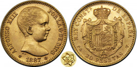 SPAIN 1887 *19-62 PGV Alfonso XIII,Kingdom,1st portrait,Madrid mint(Mintage 11000) 20 PESETAS GOLD MS6.5g 
KM# 693