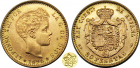 SPAIN 1896 *19-62 MPM Alfonso XIII,Kingdom,3rd portrait,Madrid mint(Mintage 12000) 20 PESETAS GOLD MS6.5g 
KM# 709