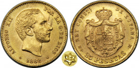SPAIN 1882 *18-82 MSM Alfonso XII,Kingdom,3rd portrait,Madrid mint 25 PESETAS GOLD MS8.1g 
KM# 687