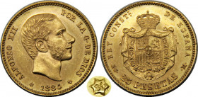 SPAIN 1884 *18-84 MSM Alfonso XII,Kingdom,3rd portrait,Madrid mint 25 PESETAS GOLD MS8.1g 
KM# 687