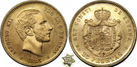 SPAIN 1885 *18-85 MSM Alfonso XII,Kingdom,3rd portrait,Madrid mint, Rare 25 PESETAS GOLD MS8.1g 
KM# 687