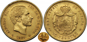 SPAIN 1885 *18-86 MSM Alfonso XII,Kingdom,3rd portrait,Madrid mint, Very Rare 25 PESETAS GOLD AU8.1g 
KM# 687