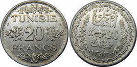 TUNISIA AH1353 (1935) Ahmad II,French Protectorate 20 FRANCS SILVER AU20g 
KM# 263