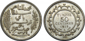 TUNISIA AH1334 (1915) A Muhammad V,French Protectorate 50 CENTIMES SILVER MS2.5g 
KM# 237