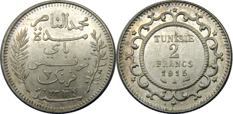 TUNISIA AH1334 (1915) A Muhammad V,French Protectorate 2 FRANCS SILVER MS10.1g ...