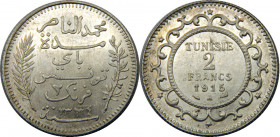 TUNISIA AH1334 (1915) A Muhammad V,French Protectorate 2 FRANCS SILVER MS10.1g 
KM# 239