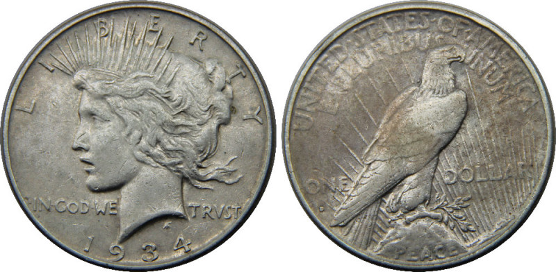 UNITED STATES 1934 D "Peace Dollar",Denver mint 1 DOLLAR SILVER XF26.7g 
KM# 15...