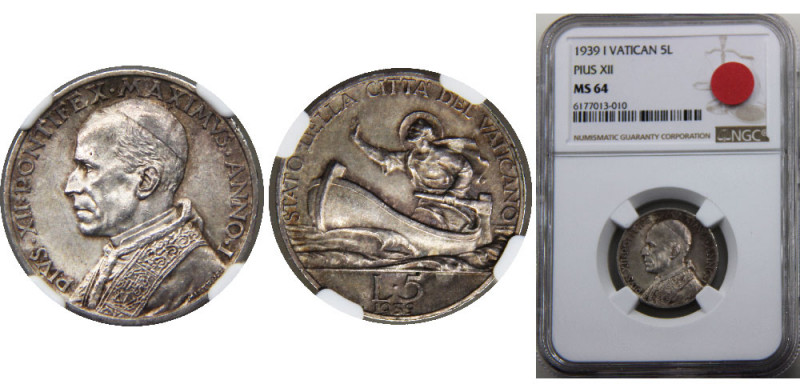 VATICAN 1939 I Pius XII 5 LIRE SILVER MS64 
KM# 28
