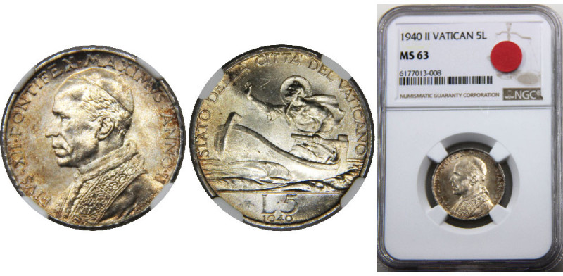 VATICAN 1940 II Pius XII 5 LIRE SILVER MS63 
KM# 28