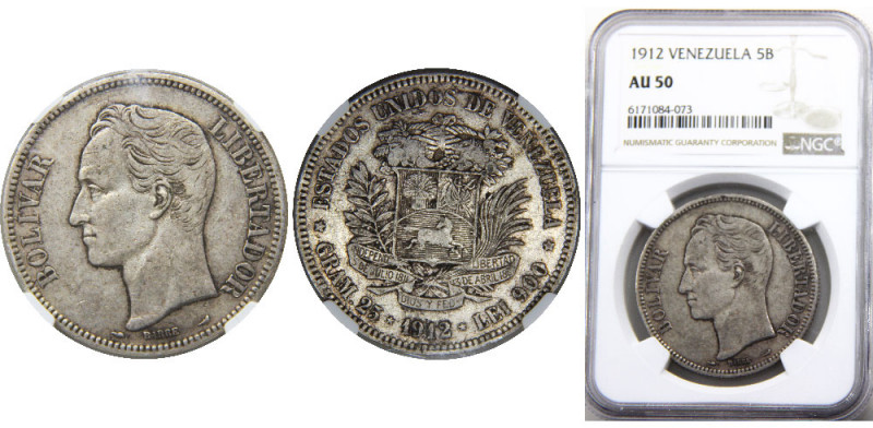 VENEZUELA 1912 United States 5 BOLIVARES SILVER AU50 
KM# 24