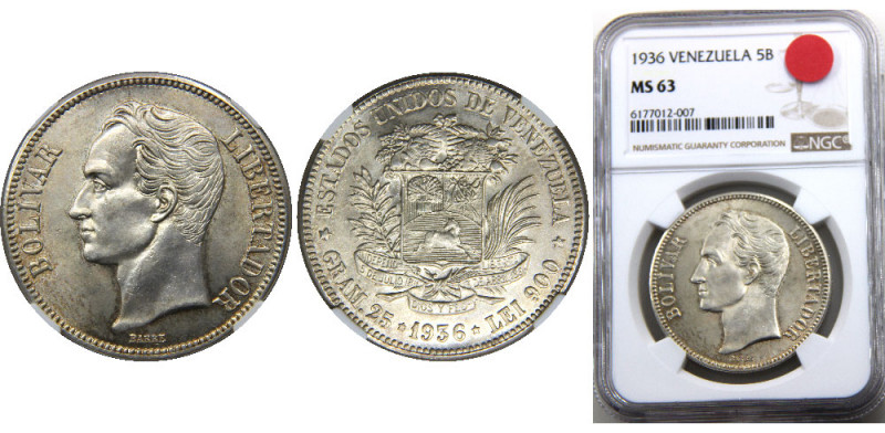 VENEZUELA 1936 United States 5 BOLIVARES SILVER MS63 
KM# 24