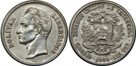 VENEZUELA 1929 United States,Philadelphia Mint 2 BOLIVARES SILVER AU10g 
Y# 23