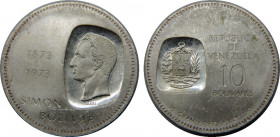 VENEZUELA 1973 Republic,Centennial of Simon Bolivar in coins 10 BOLIVARES SILVER MS30g 
Y# 45