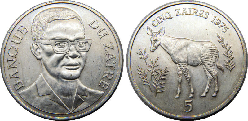 ZAIRES 1975 Republic,Conservation,Rare(Mintage 5734) 5 Zaïres SILVER MS35.6g 
K...