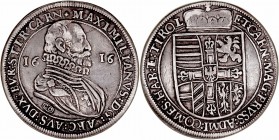 MONEDAS CENTROEUROPEAS 
AUSTRIA
MAXIMILIANO
Taler. AR. Hall. 1616. Archiduque de El Tirol (1612-1618). 27,74 g. DAV.3322. MBC
