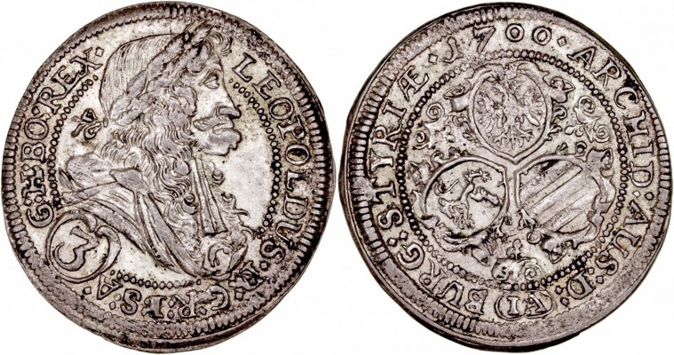 MONEDAS CENTROEUROPEAS 
AUSTRIA
LEOPOLDO I
3 Kreuzer. AR. Graz. 1700. 1,31 g....