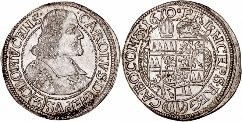 MONEDAS CENTROEUROPEAS 
LIECHTENSTEIN
CARLOS II
3 Kreuzer. AR. Olmutz. 1670. ...