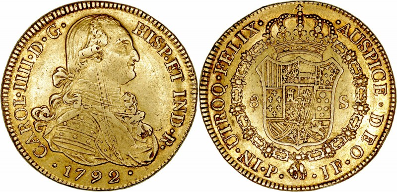 MONARQUÍA ESPAÑOLA
CARLOS IV
8 Escudos. AV. Popayán JF. 1792. 26,93 g. Cal.70....