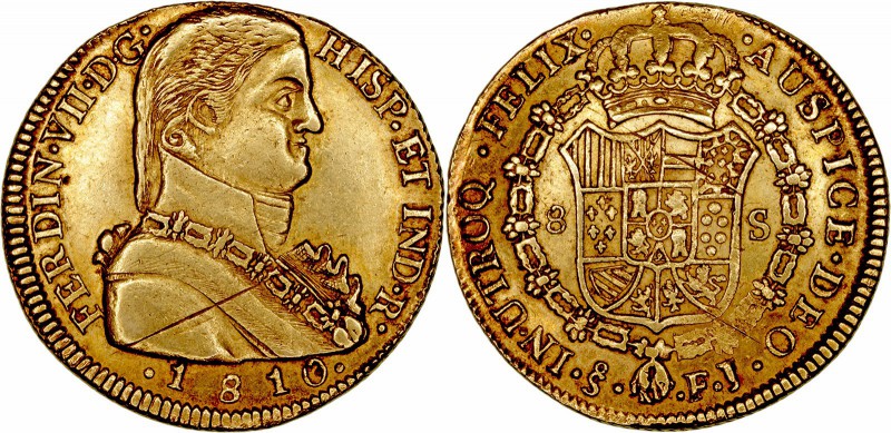 MONARQUÍA ESPAÑOLA
FERNANDO VII
8 Escudos. AV. Santiago FJ. 1810. Busto Almira...