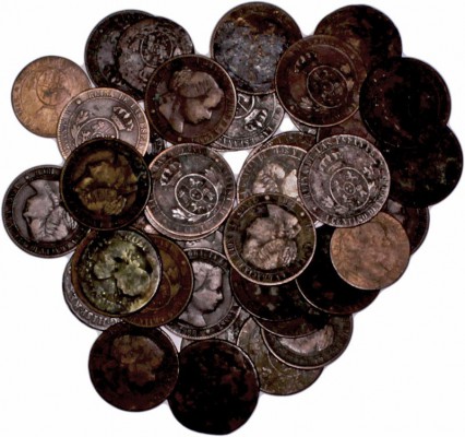 MONARQUÍA ESPAÑOLA
ISABEL II
Lote de 41 monedas. AE. Céntimo de Escudo (34), 1...