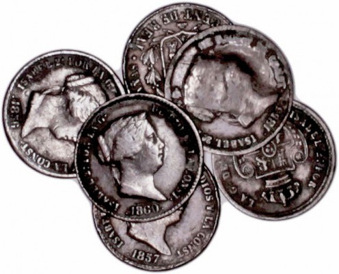 MONARQUÍA ESPAÑOLA
ISABEL II
Lote de 6 monedas. AE. Décima de Real 1853, 10 Cé...