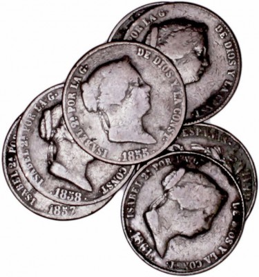 MONARQUÍA ESPAÑOLA
ISABEL II
Lote de 7 monedas. AE. 25 Céntimos de Real 1855, ...