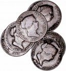 MONARQUÍA ESPAÑOLA
ISABEL II
Lote de 7 monedas. AE. 25 Céntimos de Real 1855, 1857, 1858, 1861, 1862, 1863 y 1864 Segovia. MBC- a BC
