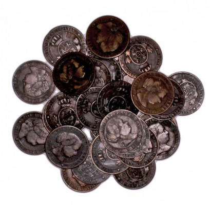 MONARQUÍA ESPAÑOLA
ISABEL II
Lote de 31 monedas. AE. Céntimo de Escudo 1868 Se...