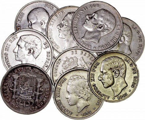 LA PESETA
LOTES DE CONJUNTO
Lote de 10 monedas. AR. 5 Pesetas 1876, 1882, 1883...