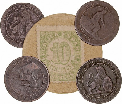 LA PESETA
II REPÚBLICA
Lote de 5 monedas. Cartón moneda 10 Céntimos, 2 Céntimo...