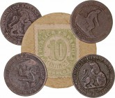 LA PESETA
II REPÚBLICA
Lote de 5 monedas. Cartón moneda 10 Céntimos, 2 Céntimos 1870 (4). MBC a MC