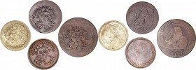 LA PESETA
FICHAS, RESELLOS Y CURIOSIDADES
Málaga, C.M. Curso Interior. AE. Resello sobre 4 tipos de monedas diferentes (5, 10, 50 Céntimos y Peseta ...