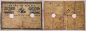 BILLETES
BANCO DE MÁLAGA
100 Reales de Vellón. Fecha R.O. 24 septiembre 1856. I emisión, fecha a mano, 24 enero 1863. Con dos taladros y tampón INUT...