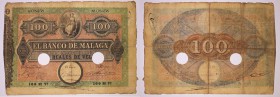 BILLETES
BANCO DE MÁLAGA
100 Reales de Vellón. Fecha R.O. 24 septiembre 1856. II emisión. Con dos taladros. Impresos por la compañía MacLure, MacDon...