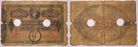BILLETES
BANCO DE MÁLAGA
100 Reales de Vellón. Fecha R.O. 24 septiembre 1856. II emisión. Con dos taladros. Impresos por la compañía MacLure, MacDon...