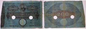 BILLETES
BANCO DE MÁLAGA
200 Reales de Vellón. Fecha R.O. 24 septiembre 1856. II emisión. Con dos taladros. Impresos por la compañía MacLure, MacDon...