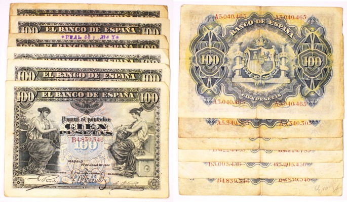 BILLETES
BANCO DE ESPAÑA
100 Pesetas. 30 junio 1906. Lote de 6 billetes. Sin s...