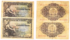 BILLETES
BANCO DE ESPAÑA
25 Pesetas. 24 septiembre 1906. Serie B. Lote de 2 billetes. ED.314a. BC- a RC