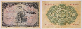 BILLETES
BANCO DE ESPAÑA
50 Pesetas. 24 septiembre 1906. Serie B. Con sello en seco en la parte superior izquierda del Gobierno Provisional de la Re...