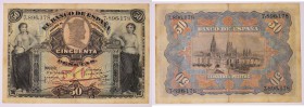 BILLETES
BANCO DE ESPAÑA
50 Pesetas. 15 julio 1907. Sin serie. Con sello en seco en la parte superior izquierda del Gobierno Provisional de la Repúb...