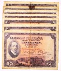BILLETES
BANCO DE ESPAÑA
50 Pesetas. 17 mayo 1927. Sin serie. Lote de 7 billetes. ED.326. Con fuertes dobleces y roturas en márgenes. Imprescindible...